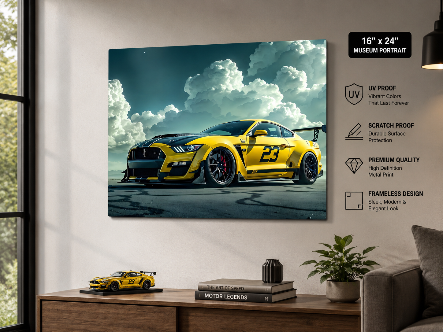 🏁 Yellow Mustang GT #23 Metal Wall Art