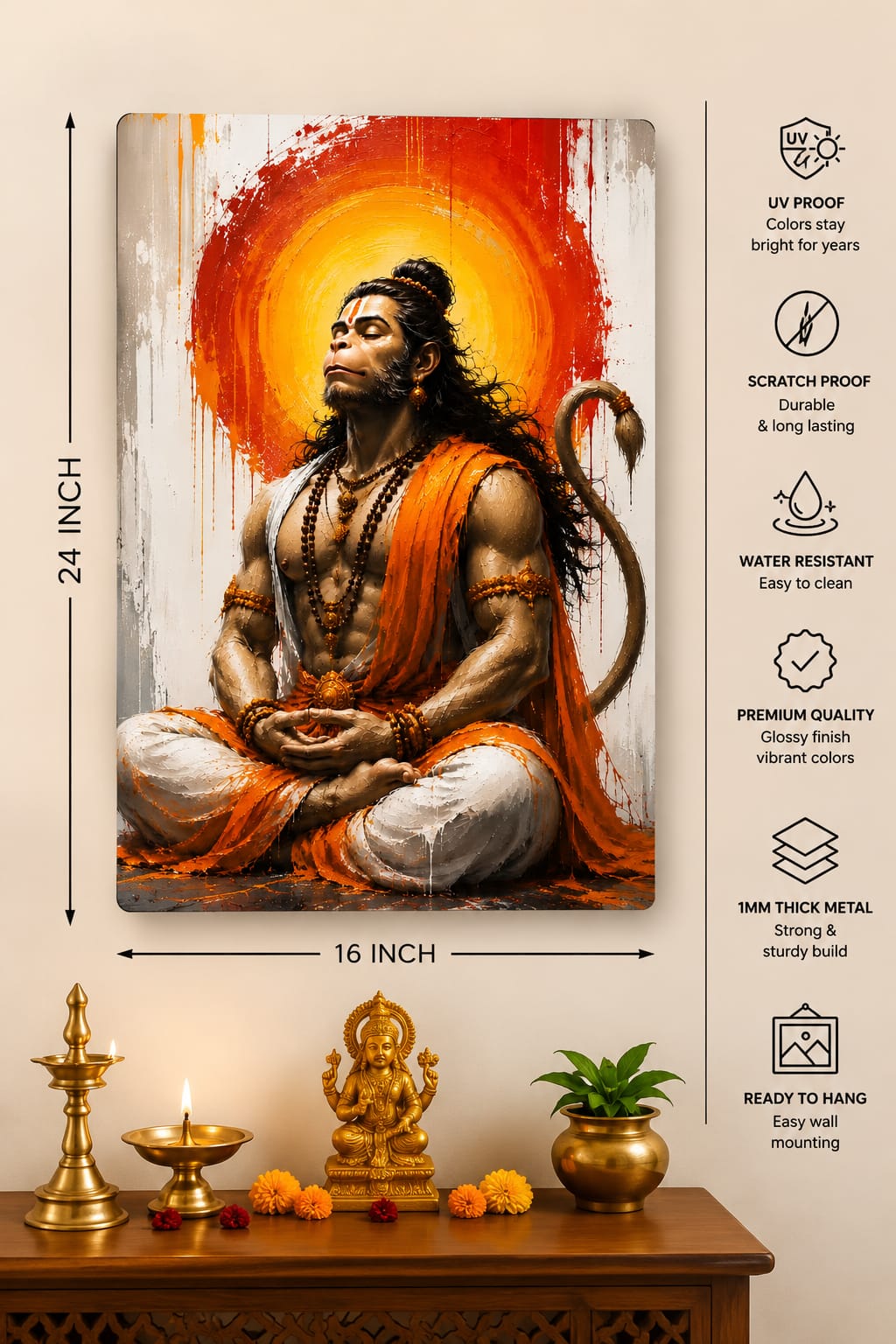 Premium Hanuman Ji Meditation Frameless Metal Wall Poster